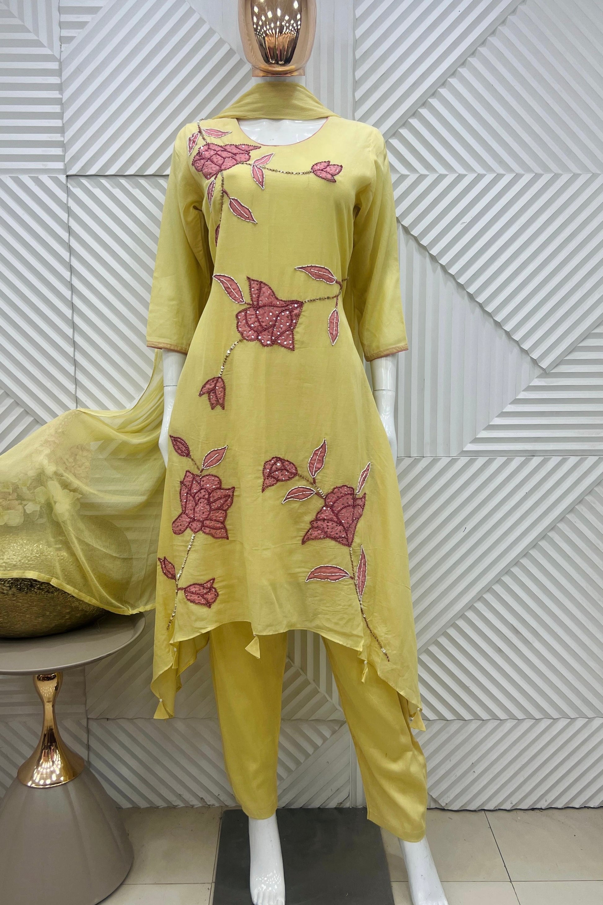 ✨Ay09- Pre book Premium Mul Chanderi Applique Work A Line Suit
