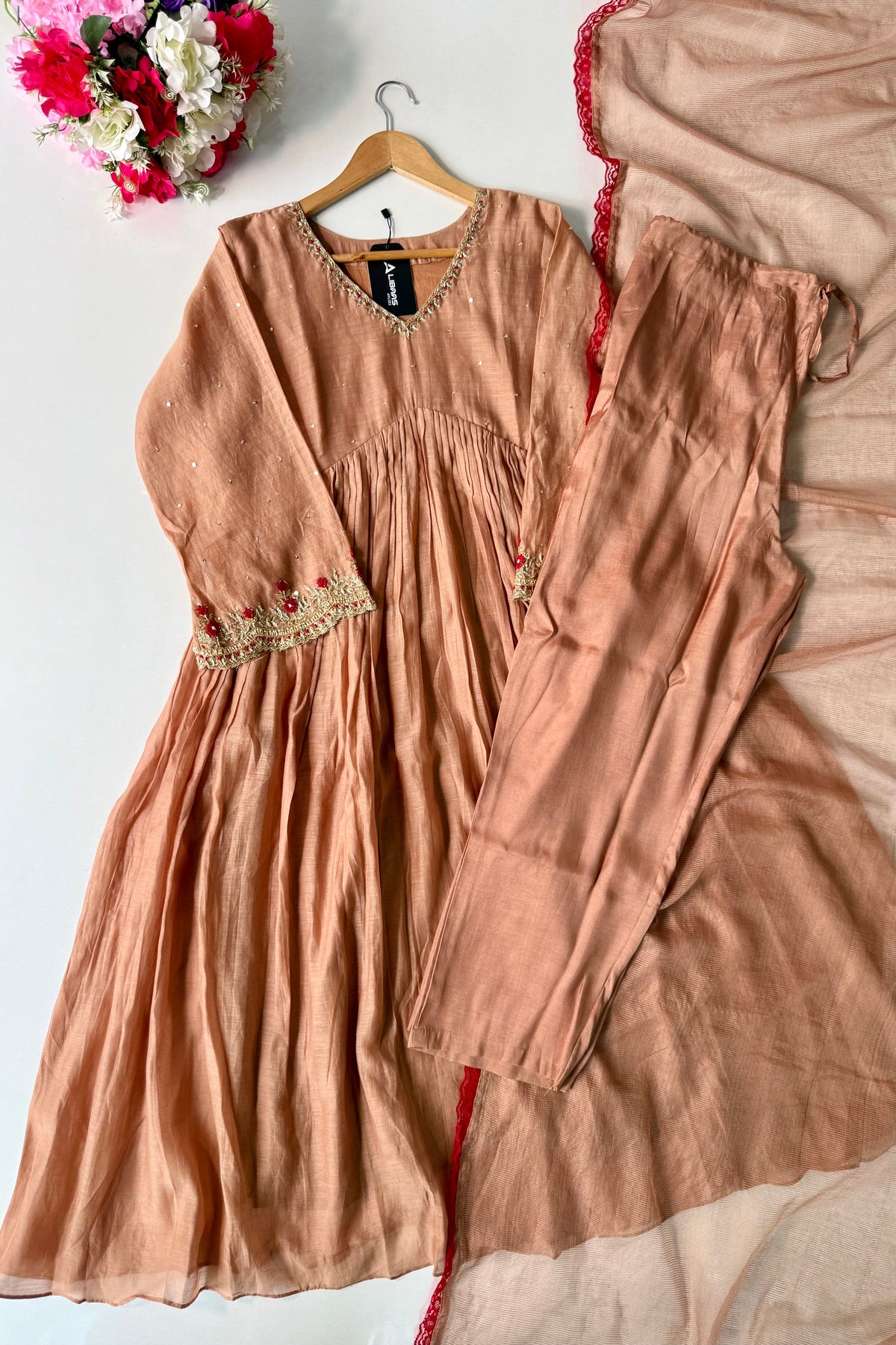✨”Almond- Honey Almond Mul Chanderi A-Line Kurta Set