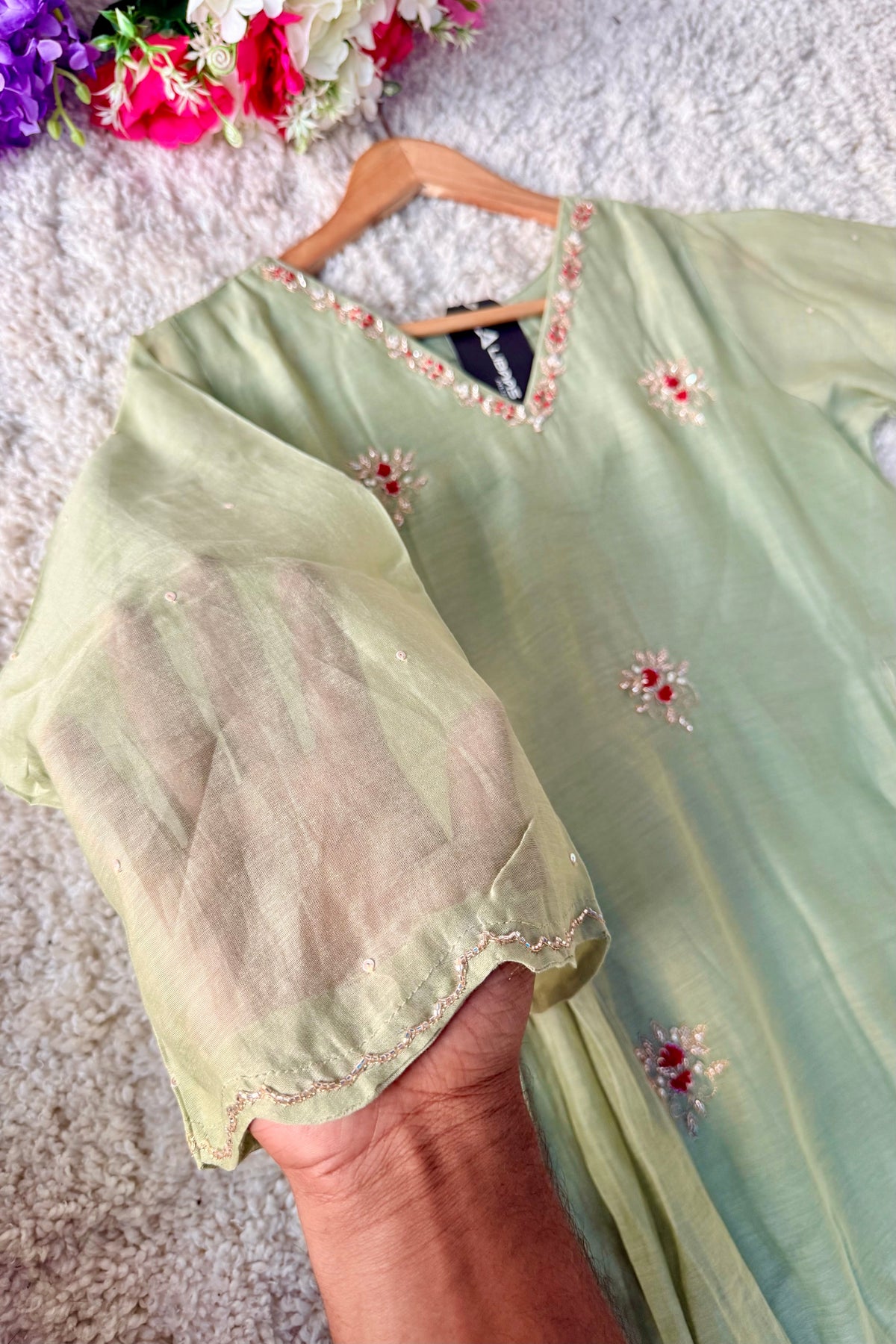 ✨Aabira – Premium Pista Green Mul Chanderi Anarkali kurti set