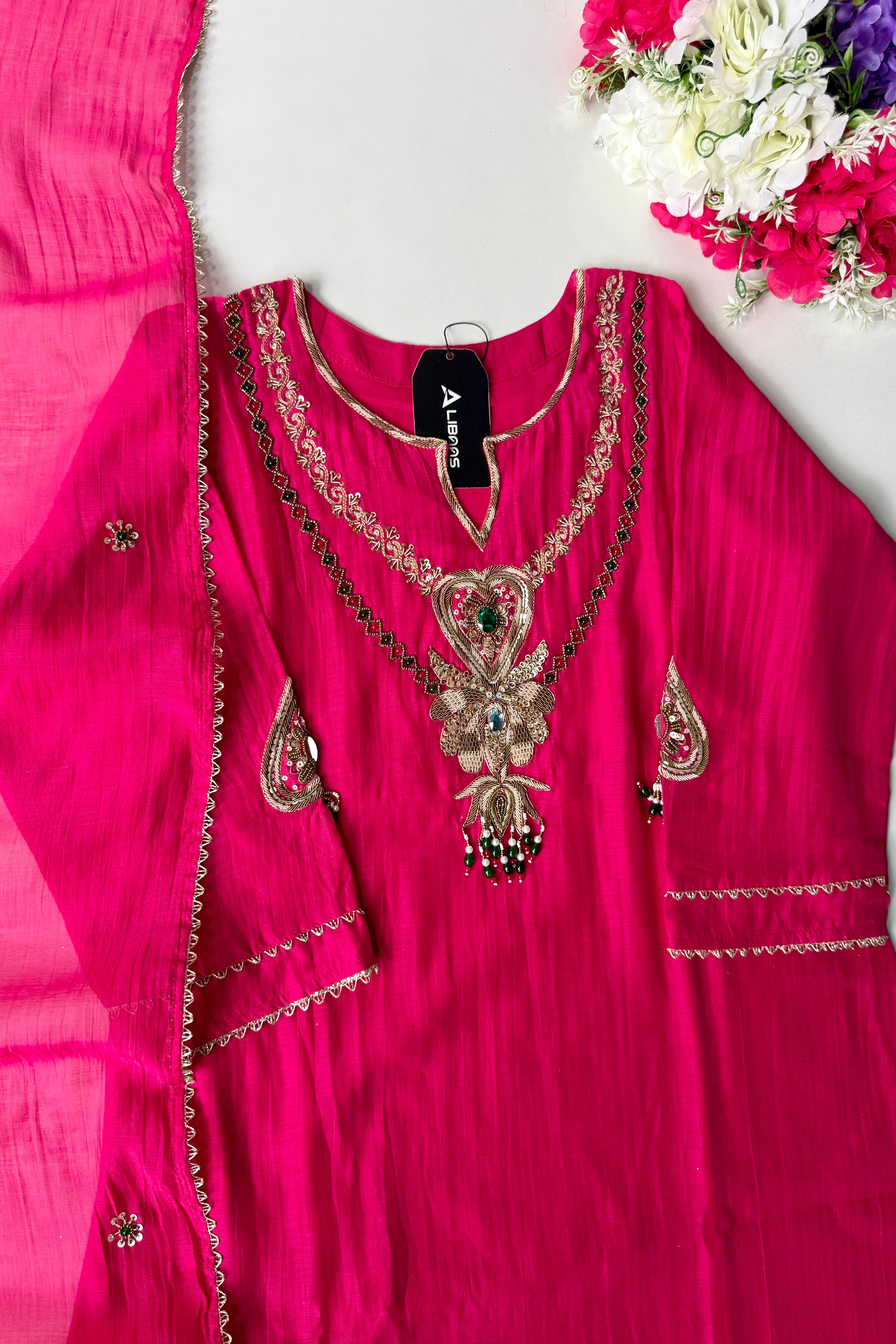 ✨”Falak - Premium Royal Pink Mul Chanderi A-Line Kurta Set