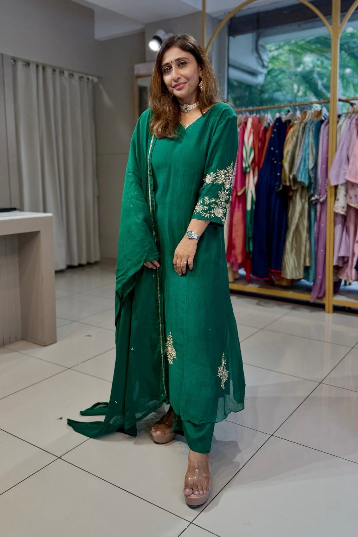 ✨”Zaria -Green Mul Chanderi A-Line Kurta Set