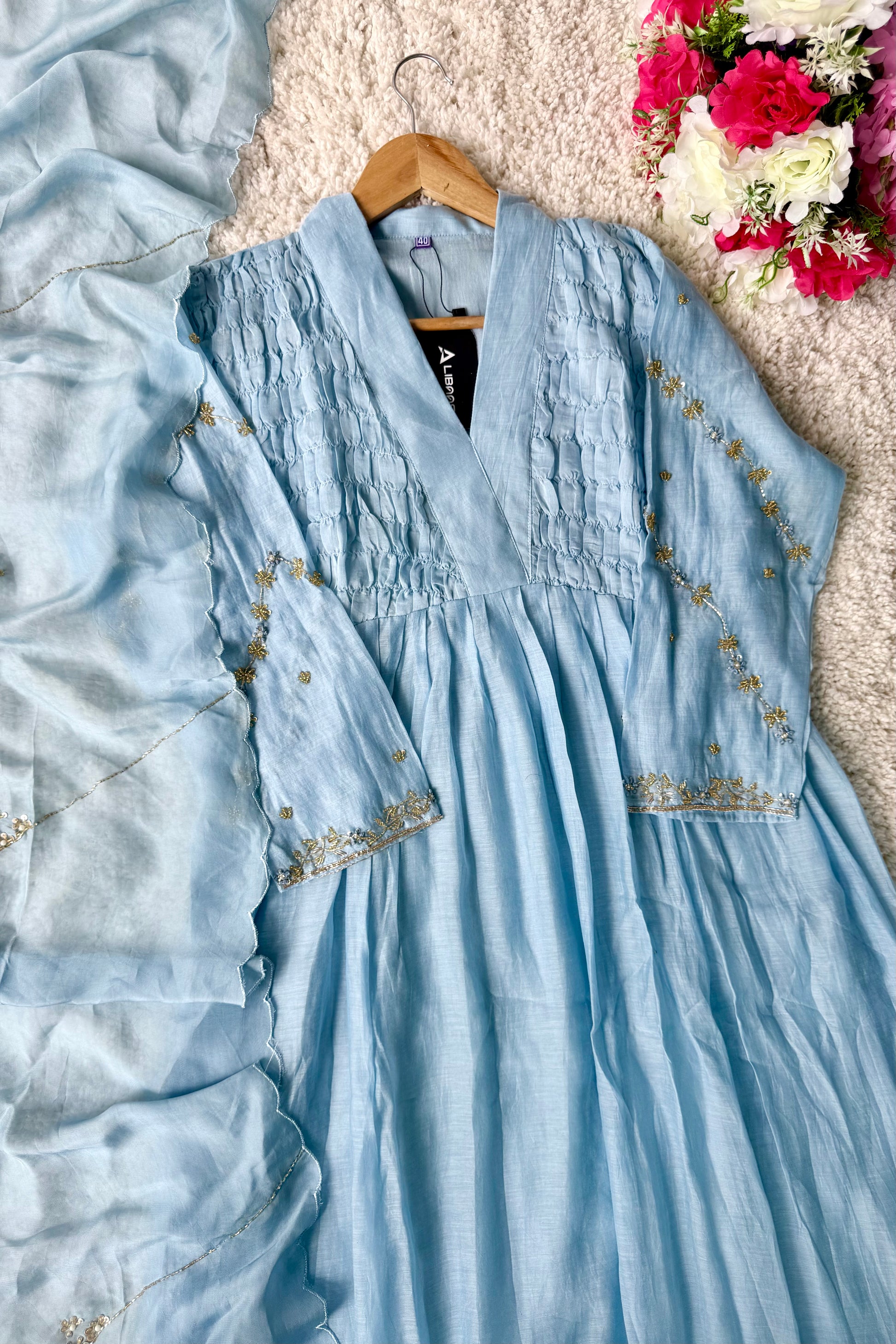 ✨Umang- Premium Blue Mul Chanderi Anarkali Kurta Set