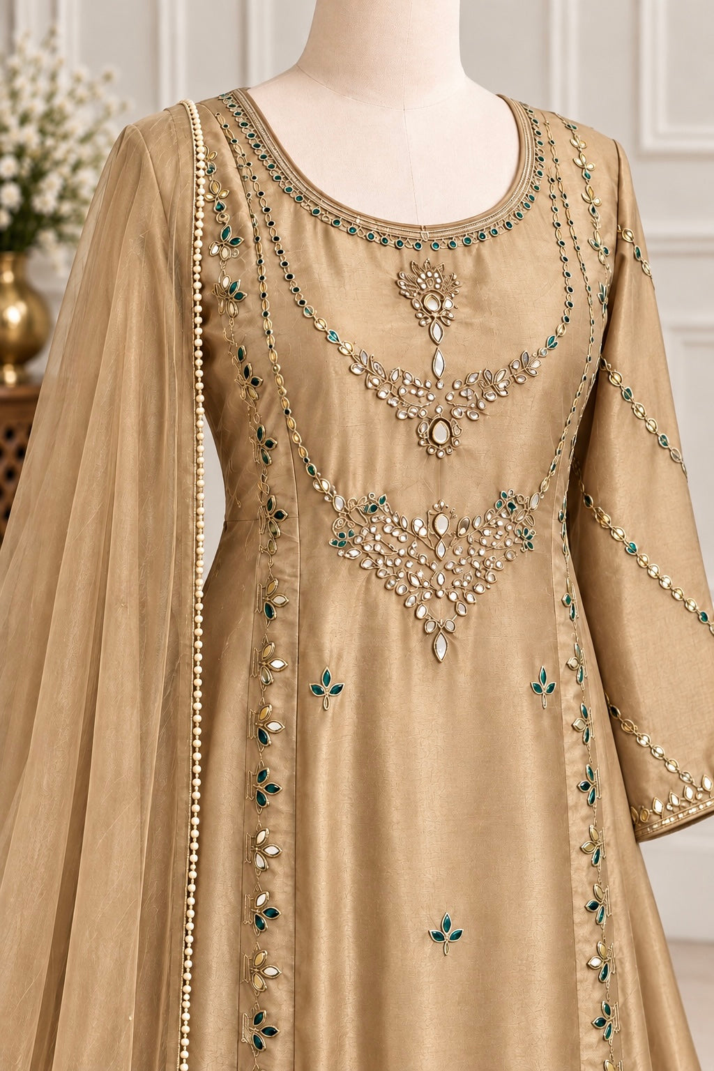 ✨Pearl – Premium Gold Beige  Mirror Work Tissue A Line Kurta Set