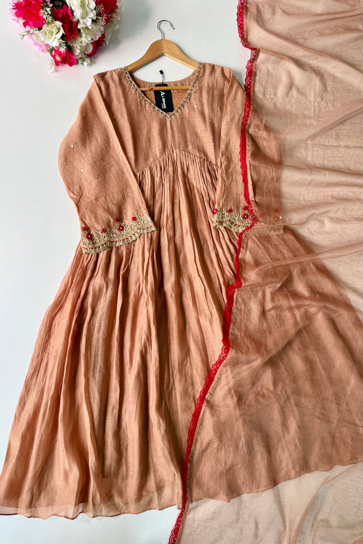✨”Almond- Honey Almond Mul Chanderi A-Line Kurta Set