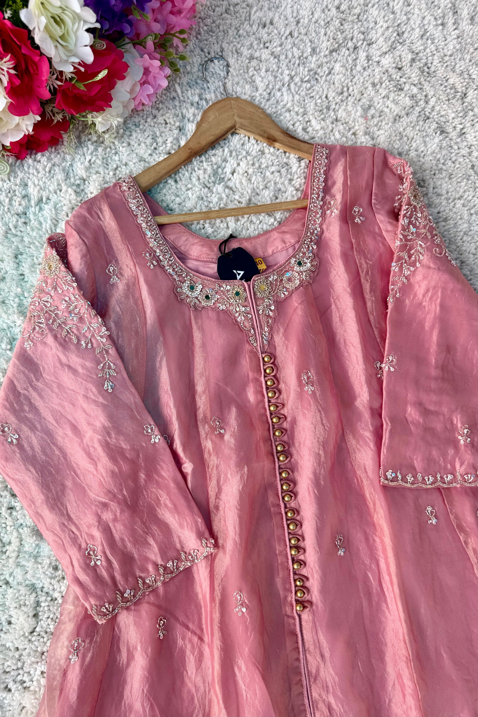 ✨Aiyana- Rose Pink Crushed Tissue Heavy Anarkali Kurta Set