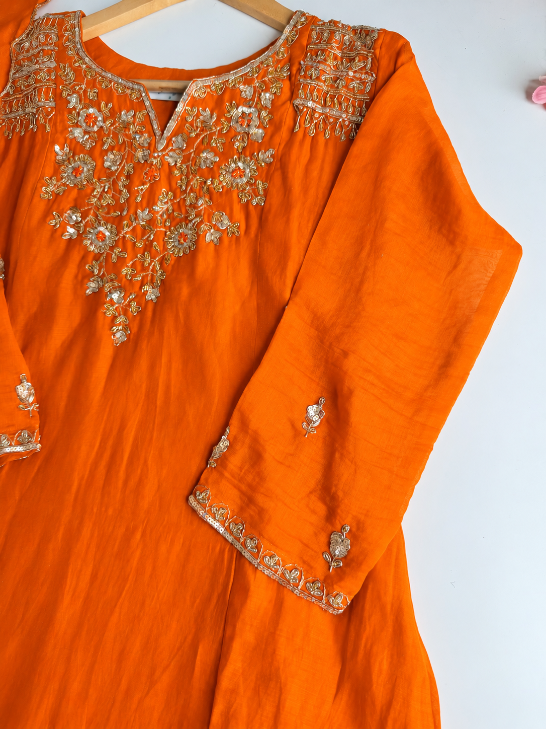 ✨”Aastha- Premium Orange Mul Chanderi A-Line Kurta Sets