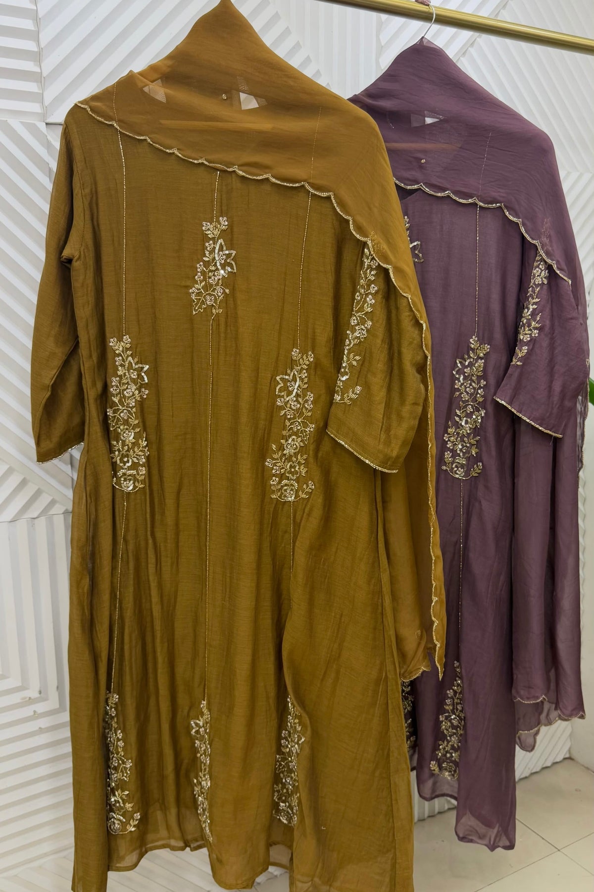 ✨”Rida - Premium Green Gold & Orchid Mul Chanderi A-Line Kurta Set