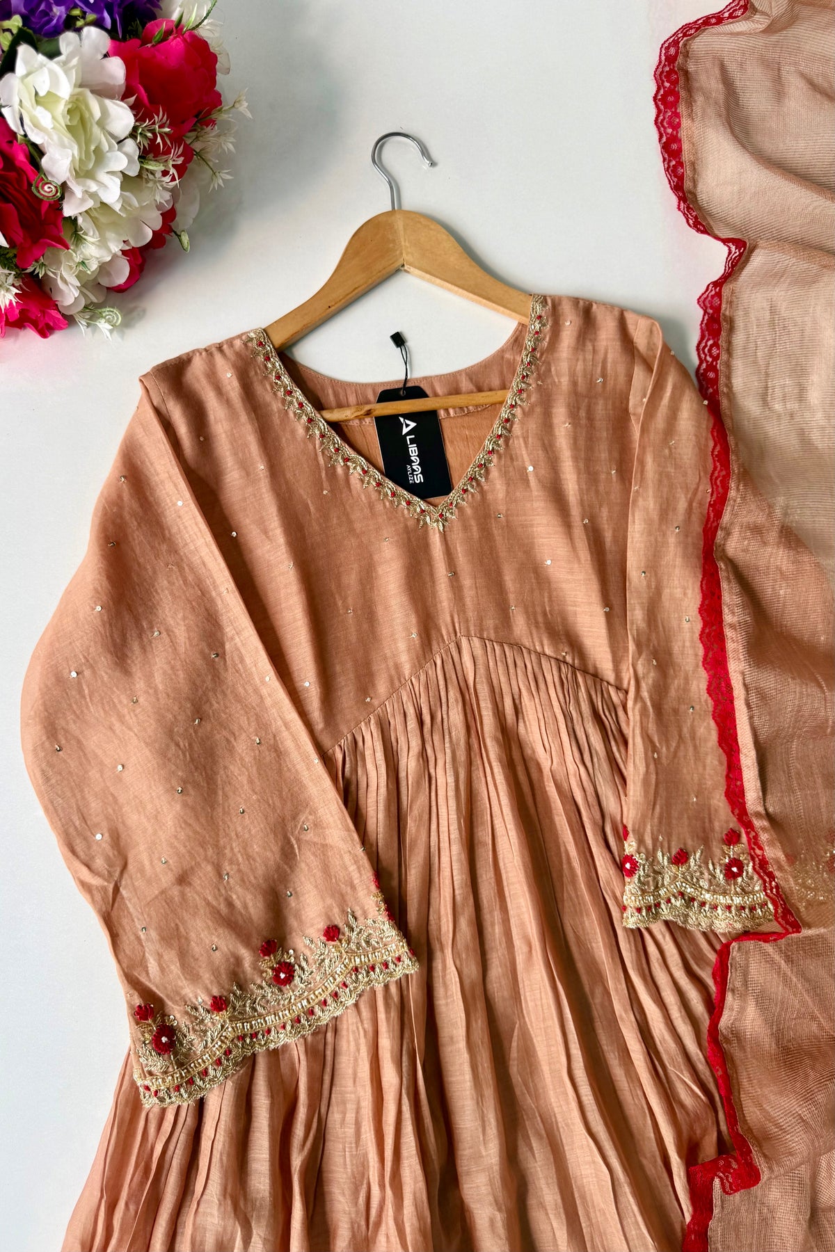 ✨”Almond- Honey Almond Mul Chanderi A-Line Kurta Set