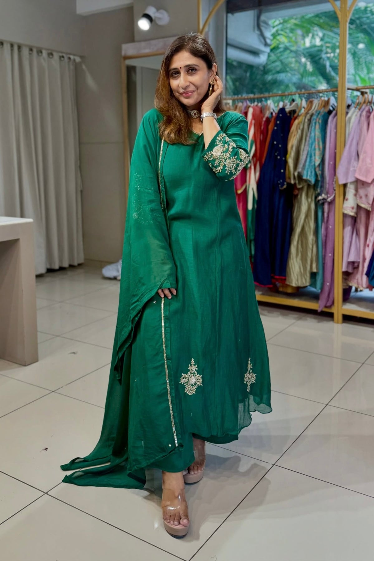 ✨”Zaria -Green Mul Chanderi A-Line Kurta Set