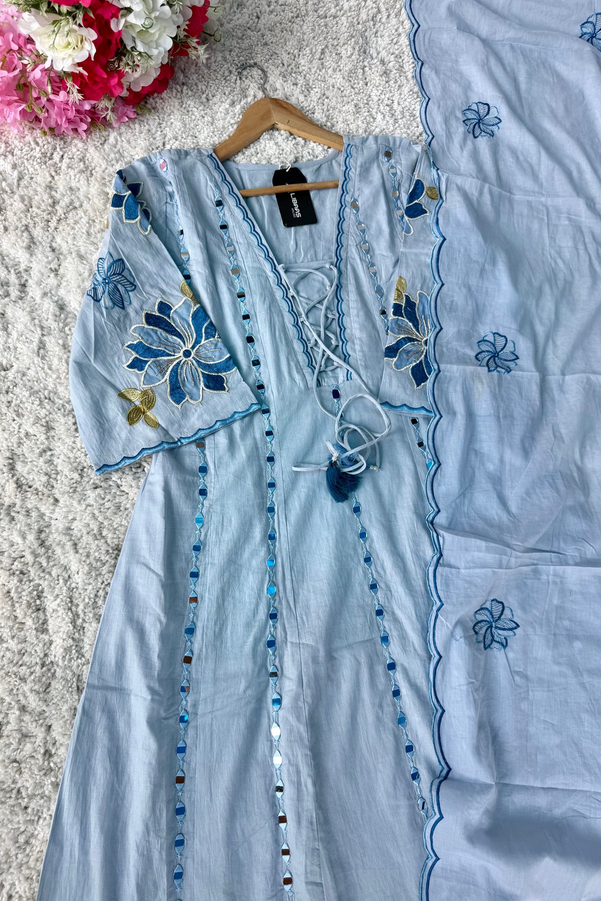 ✨AZ07 - Mirror work Powder Blue Cotton Anarkali Kurta set