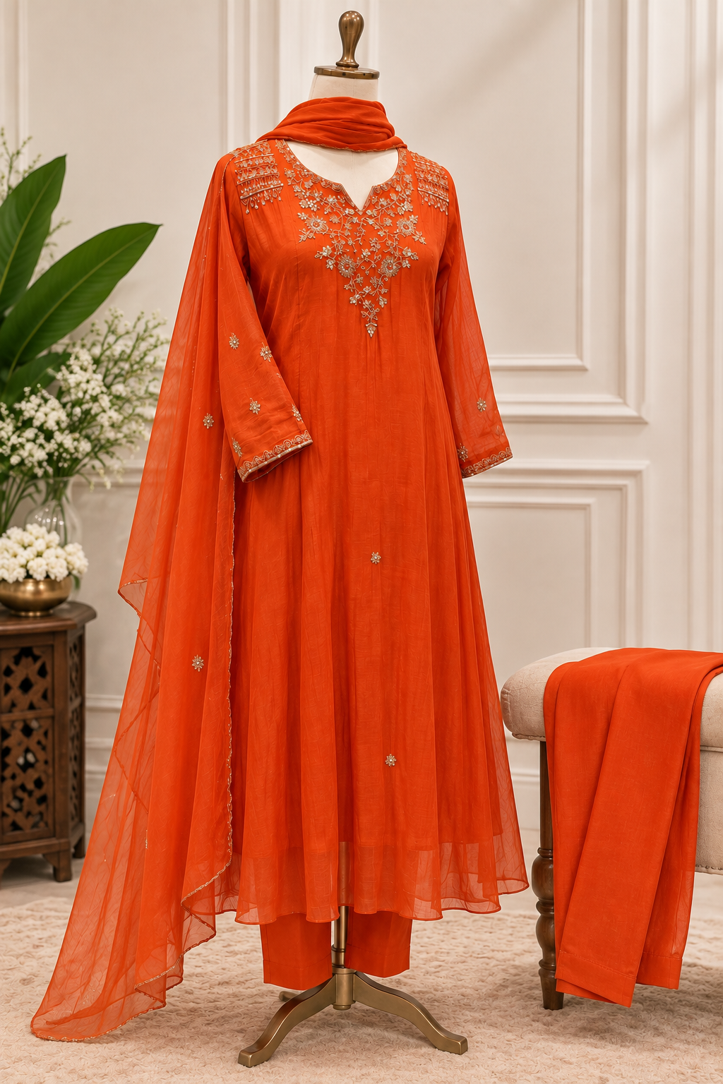 ✨”Aastha- Premium Orange Mul Chanderi A-Line Kurta Set