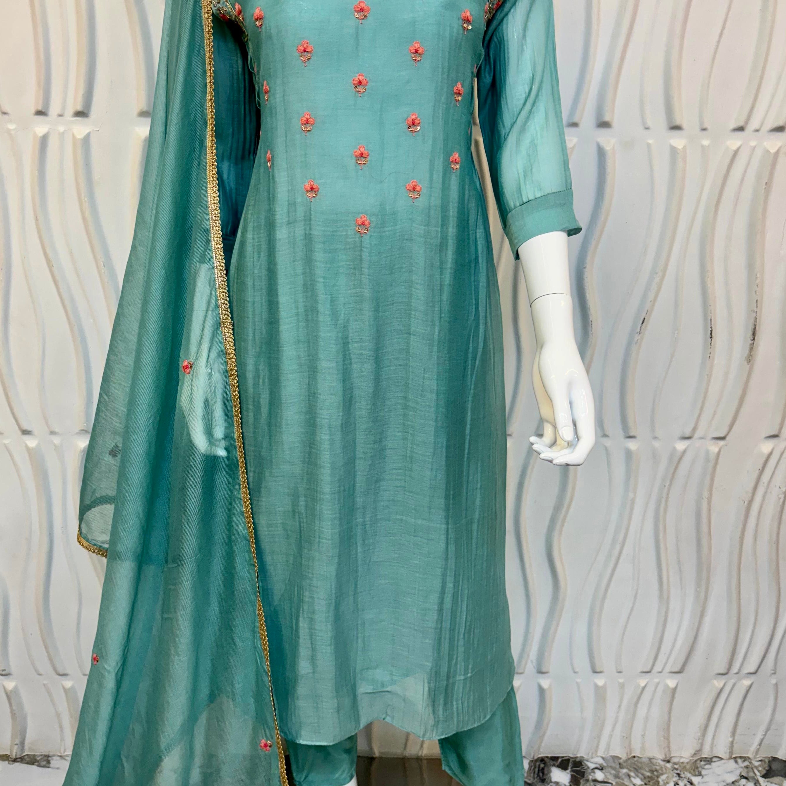 🛍️”Delilah – Premium Aqua Green Mul Chanderi A Line Kurta Set