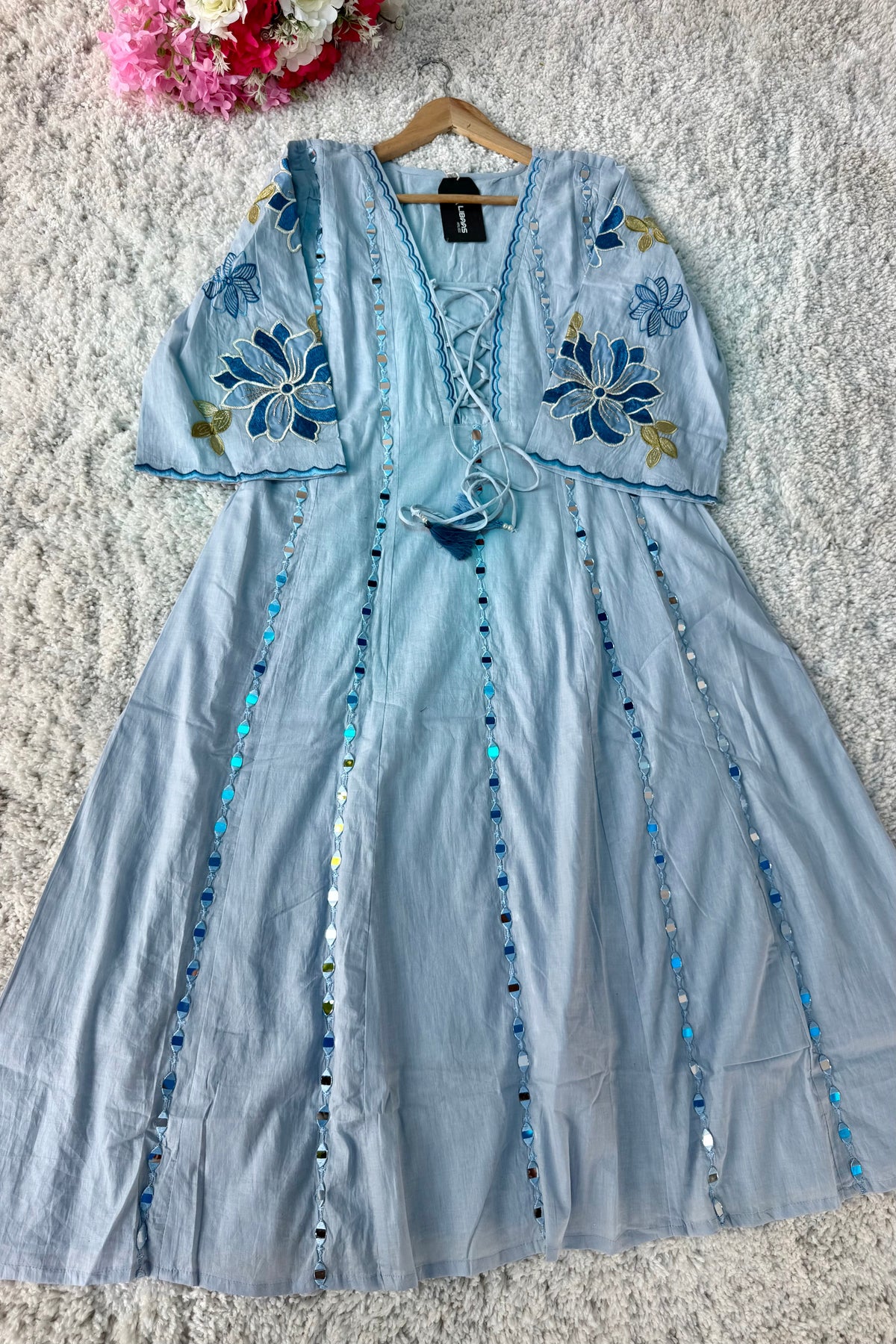✨AZ07 - Mirror work Powder Blue Cotton Anarkali Kurta set