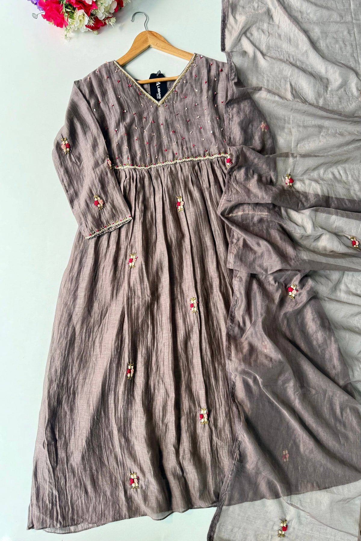 ✨” Smoky- Latest Smoky Taupe Grey Chanderi A-Line Kurta Set✨