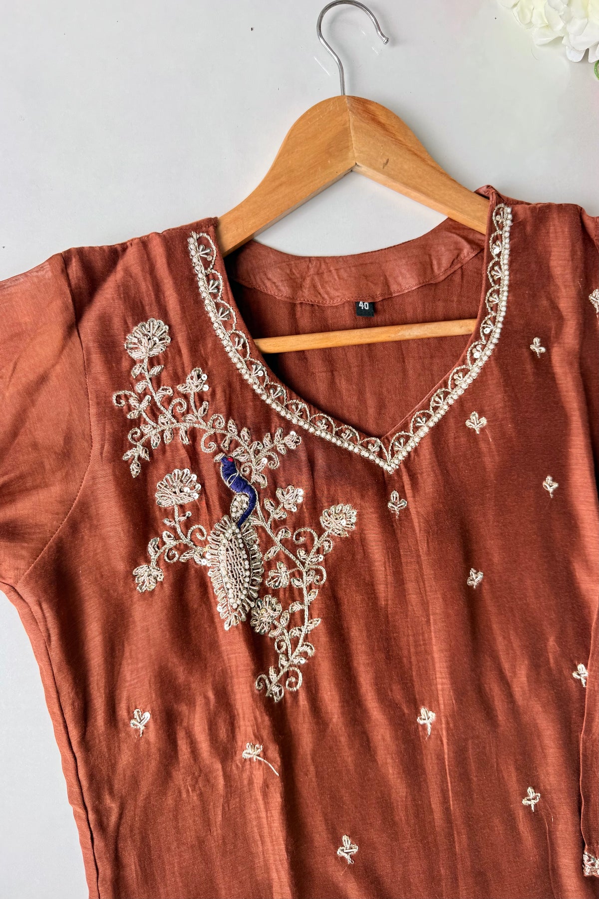 ✨”Nora - Premium Chocolate Brown Mul Chanderi A Line Kurta Set