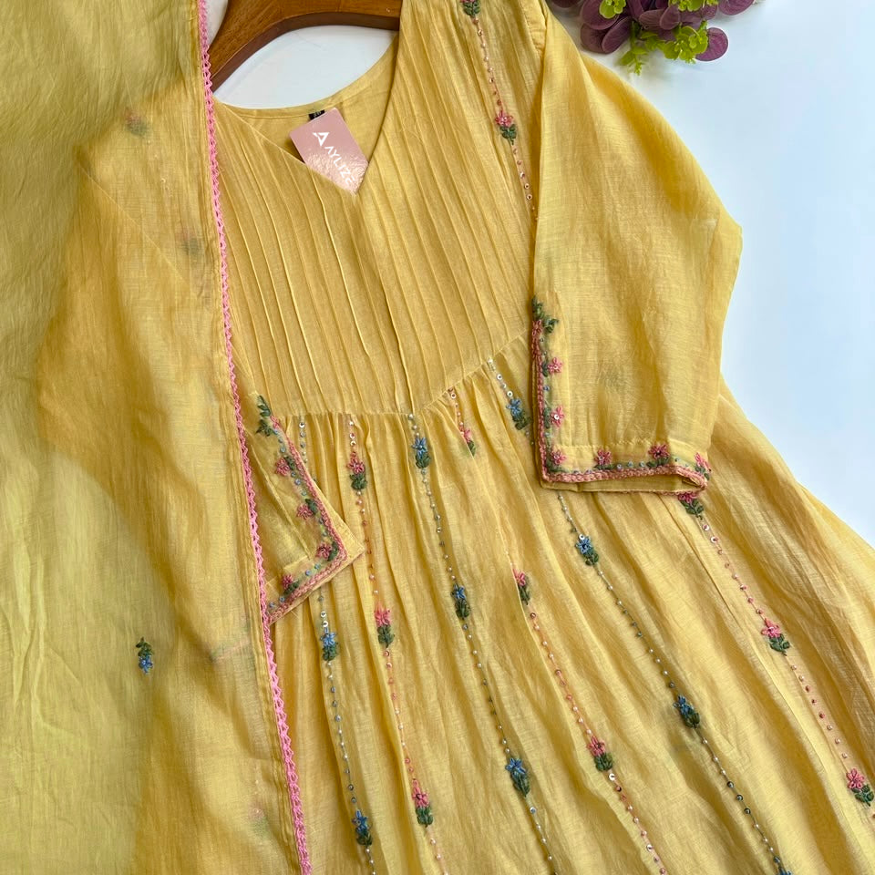 Premium Mul Chanderi Embroidered A-Line Kurta Set Yellow