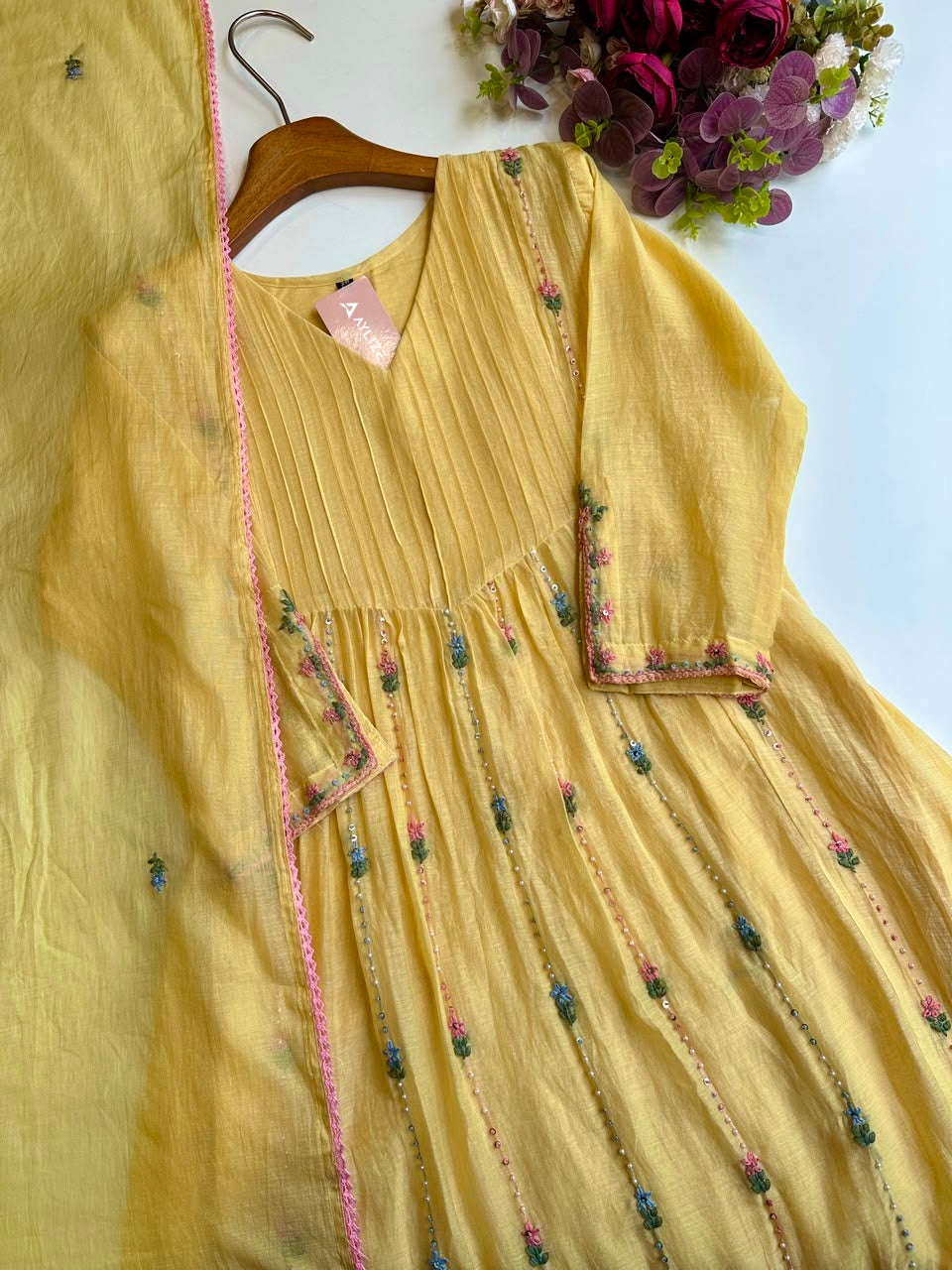 Premium Mul Chanderi Embroidered A-Line Kurta Set Yellow
