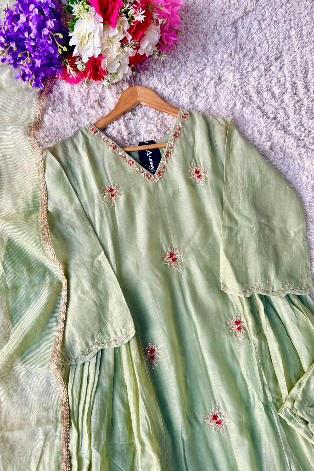 ✨Aabira – Premium Pista Green Mul Chanderi Anarkali kurti set