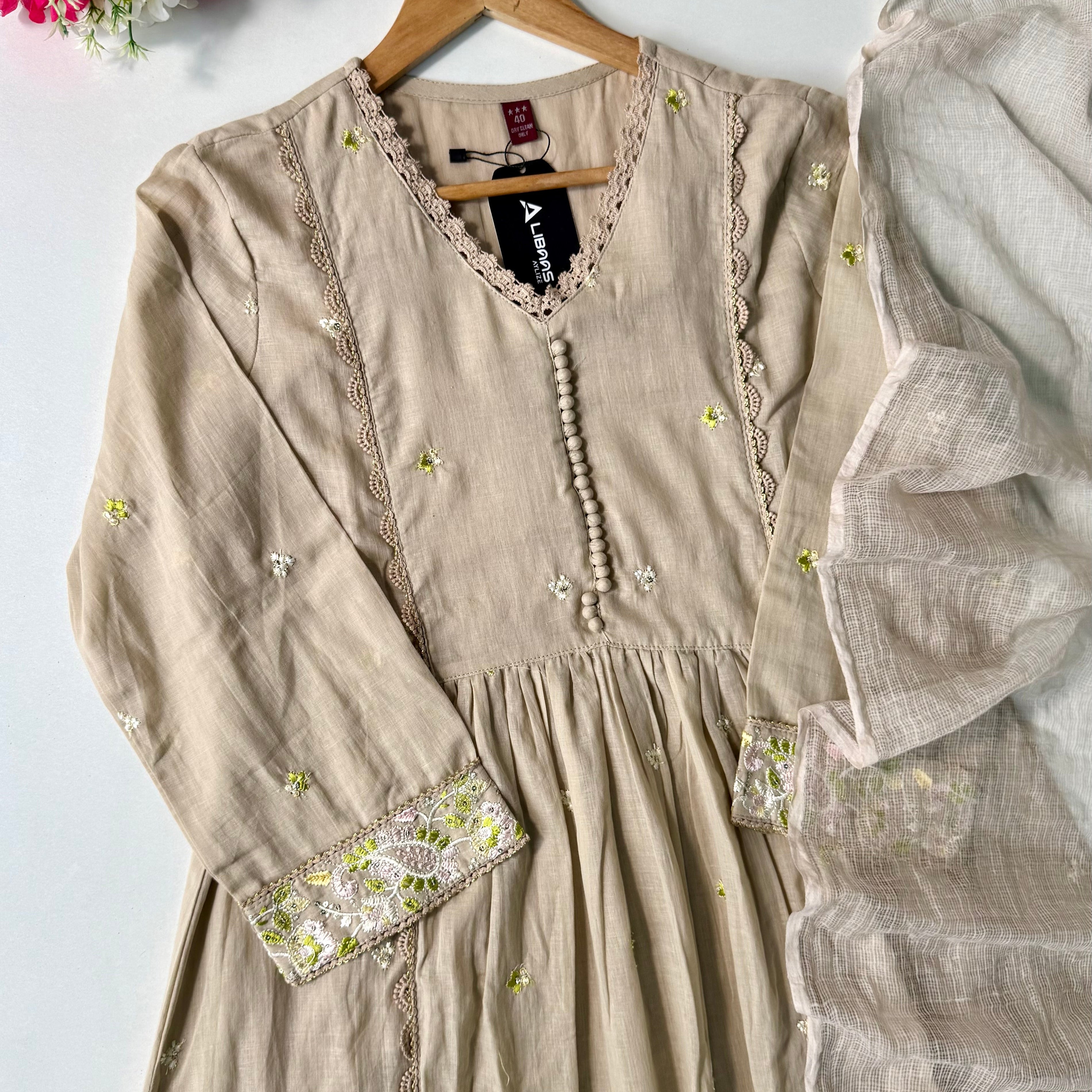 “Sana” Premium Sand Beige Cotton Embroidered Anarkali kurta set