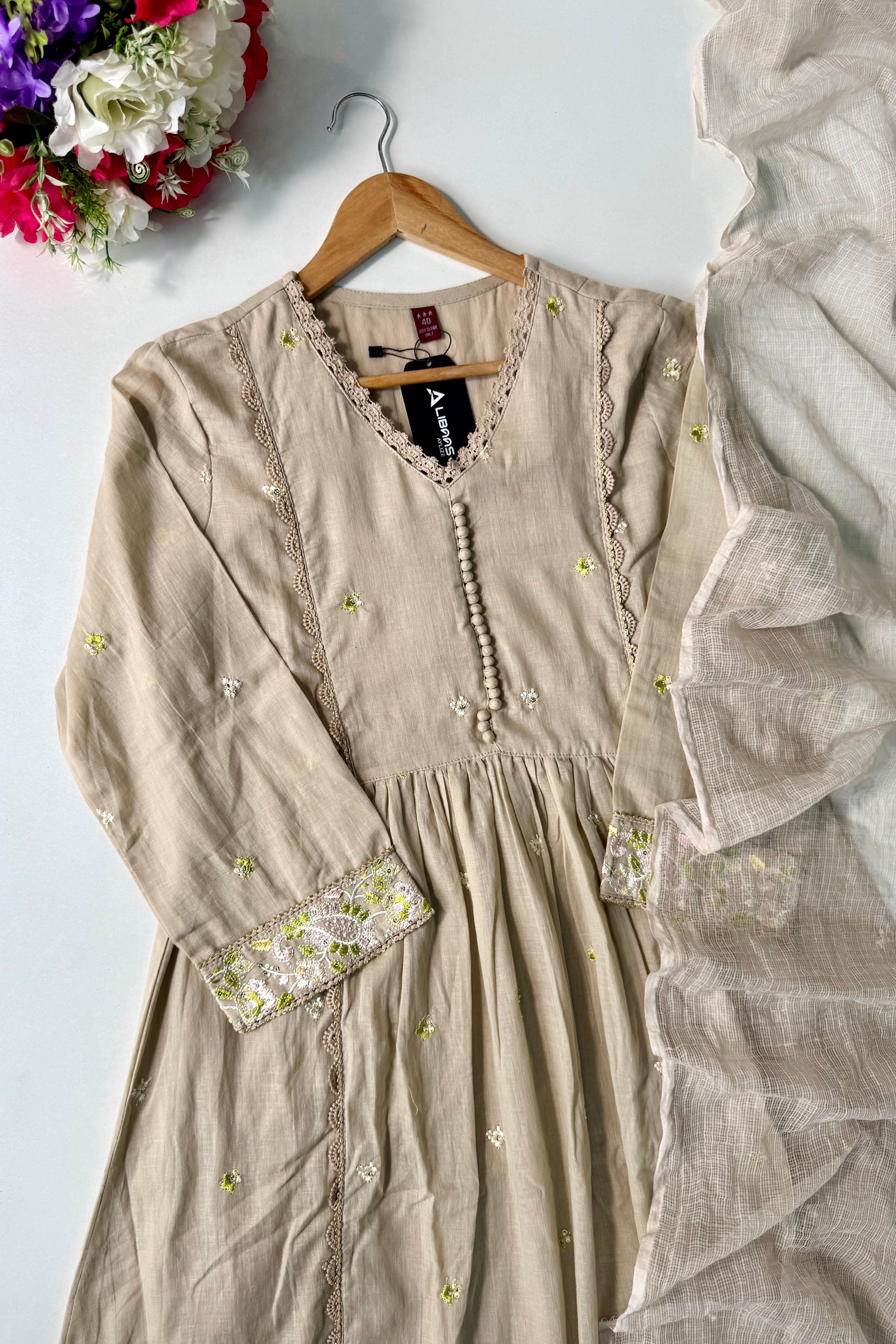 “Sana” Premium Sand Beige Cotton Embroidered Anarkali kurta set