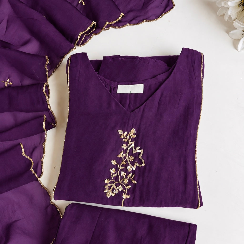 ✨”Rida - Premium Purple Mul Chanderi A-Line Kurta Set