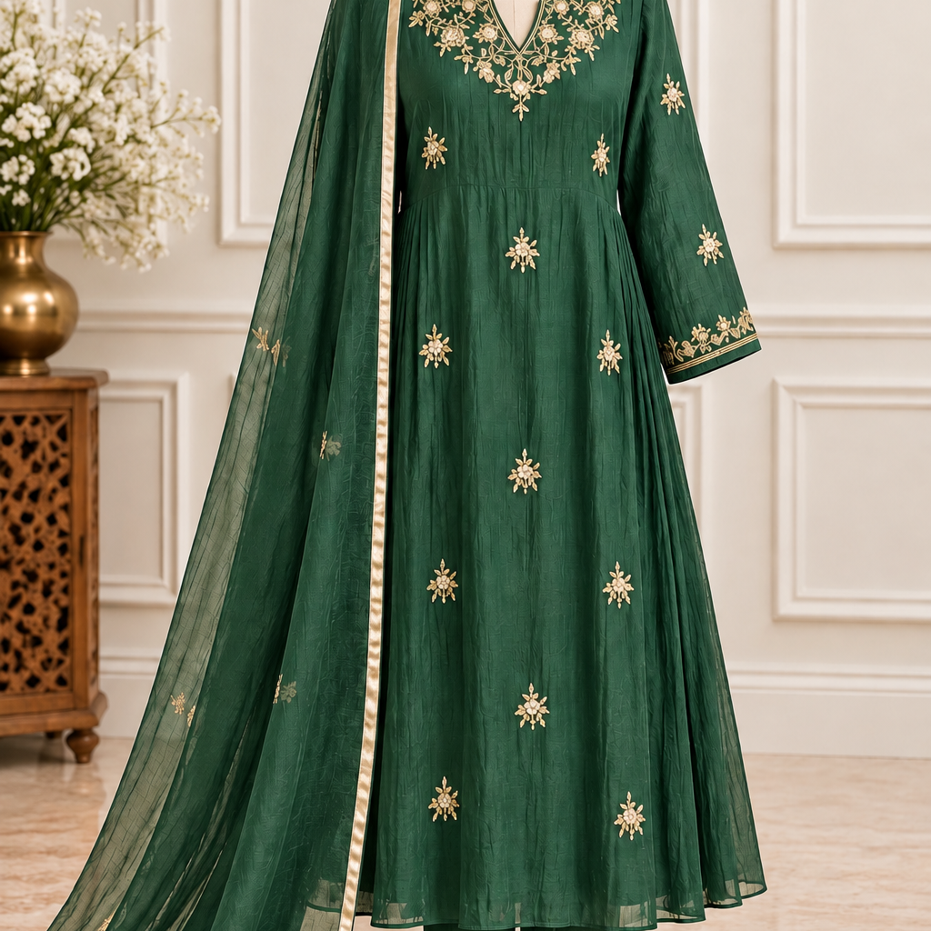 ✨Zoes- Premium Bottle Green Mul Chanderi A Line Kurta Set ✨