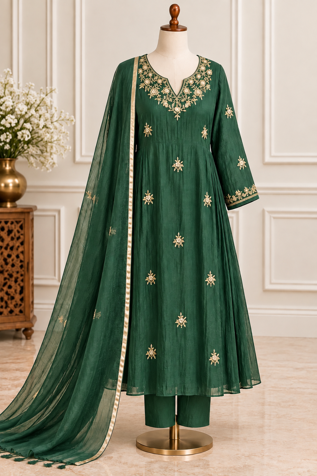 ✨Zoes- Premium Bottle Green Mul Chanderi A Line Kurta Set ✨