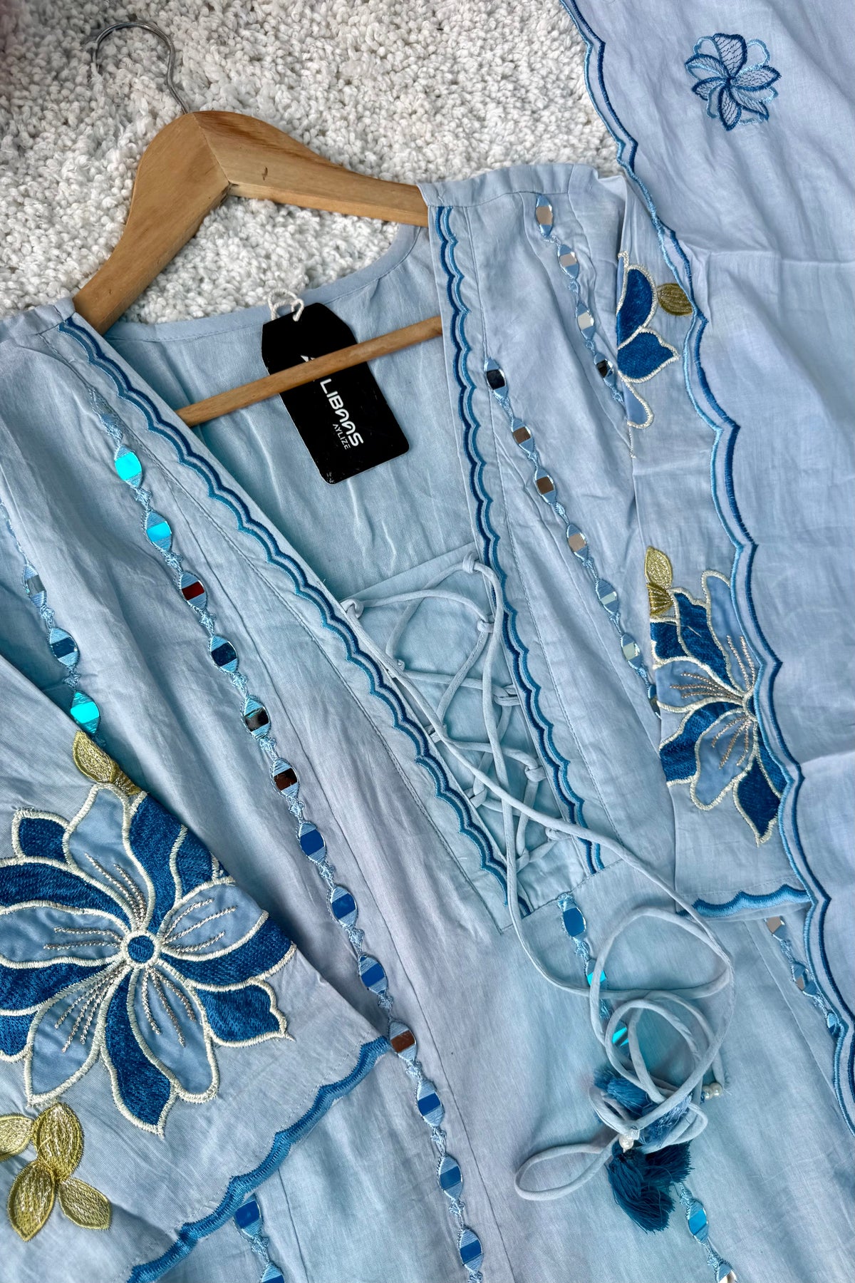 ✨AZ07 - Mirror work Powder Blue Cotton Anarkali Kurta set