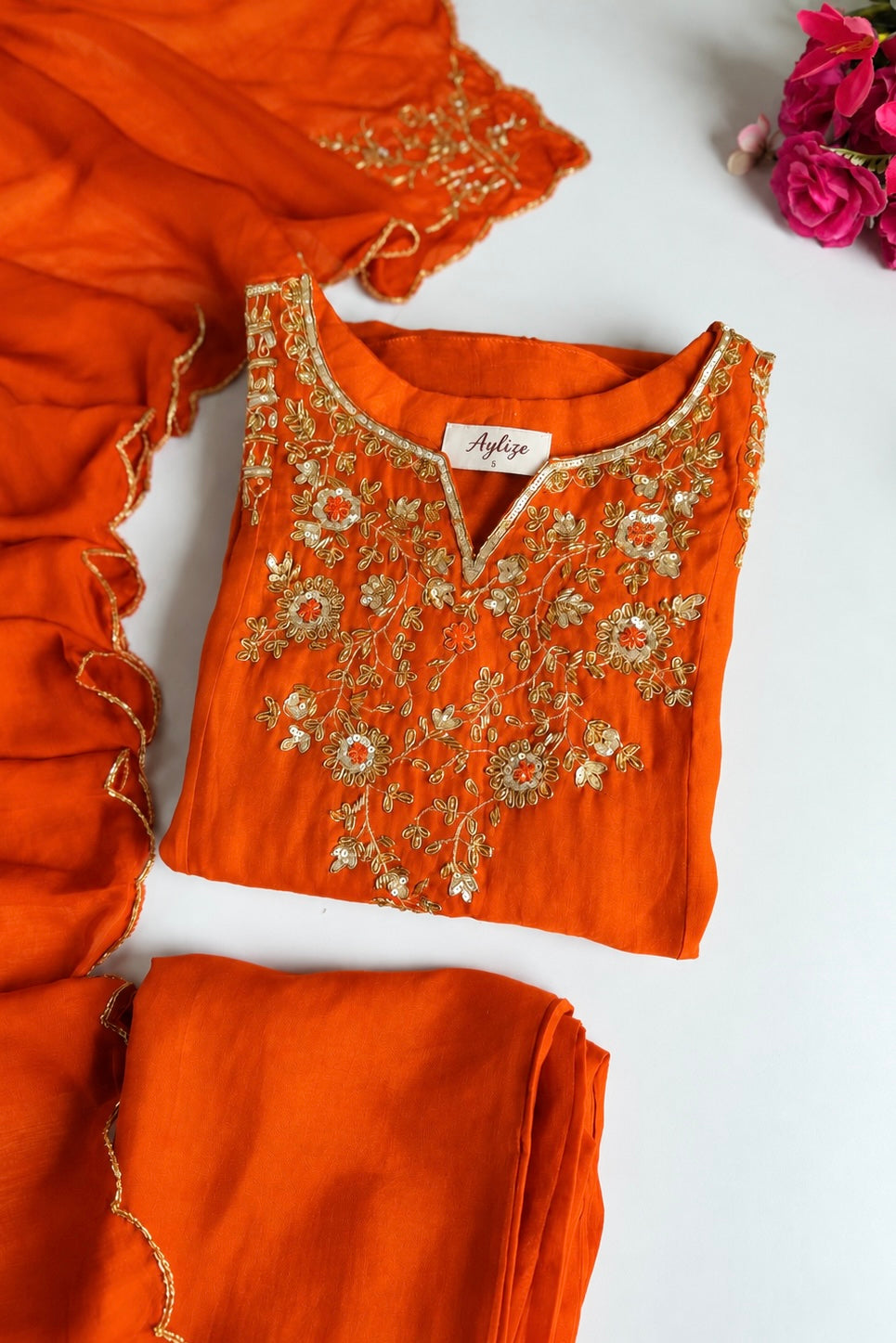 ✨”Aastha- Premium Orange Mul Chanderi A-Line Kurta Sets