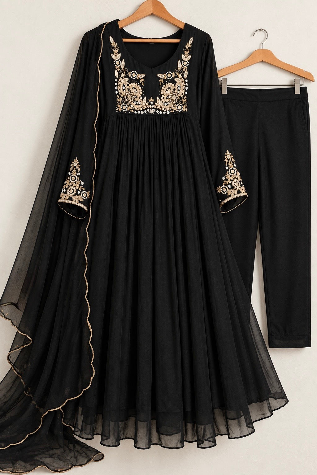 “Saanvi” Black Chinon Anarkali Kurti Pant With Dupatta Set
