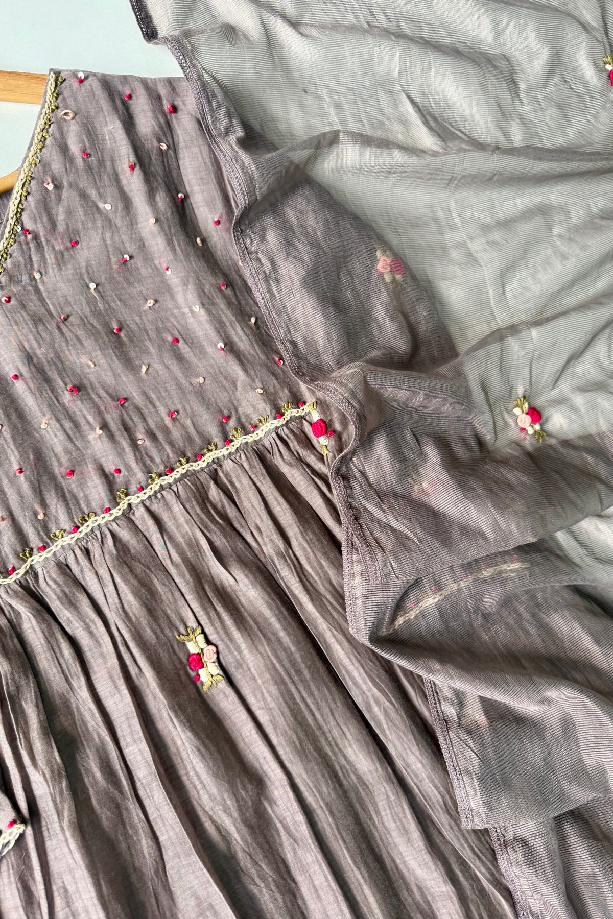 ✨” Smoky- Latest Smoky Taupe Grey Chanderi A-Line Kurta Set✨