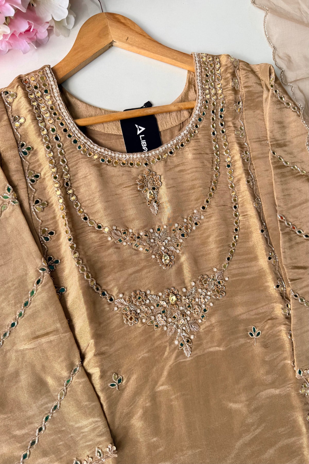 ✨Pearl – Premium Gold Beige  Mirror Work Tissue A Line Kurta Set