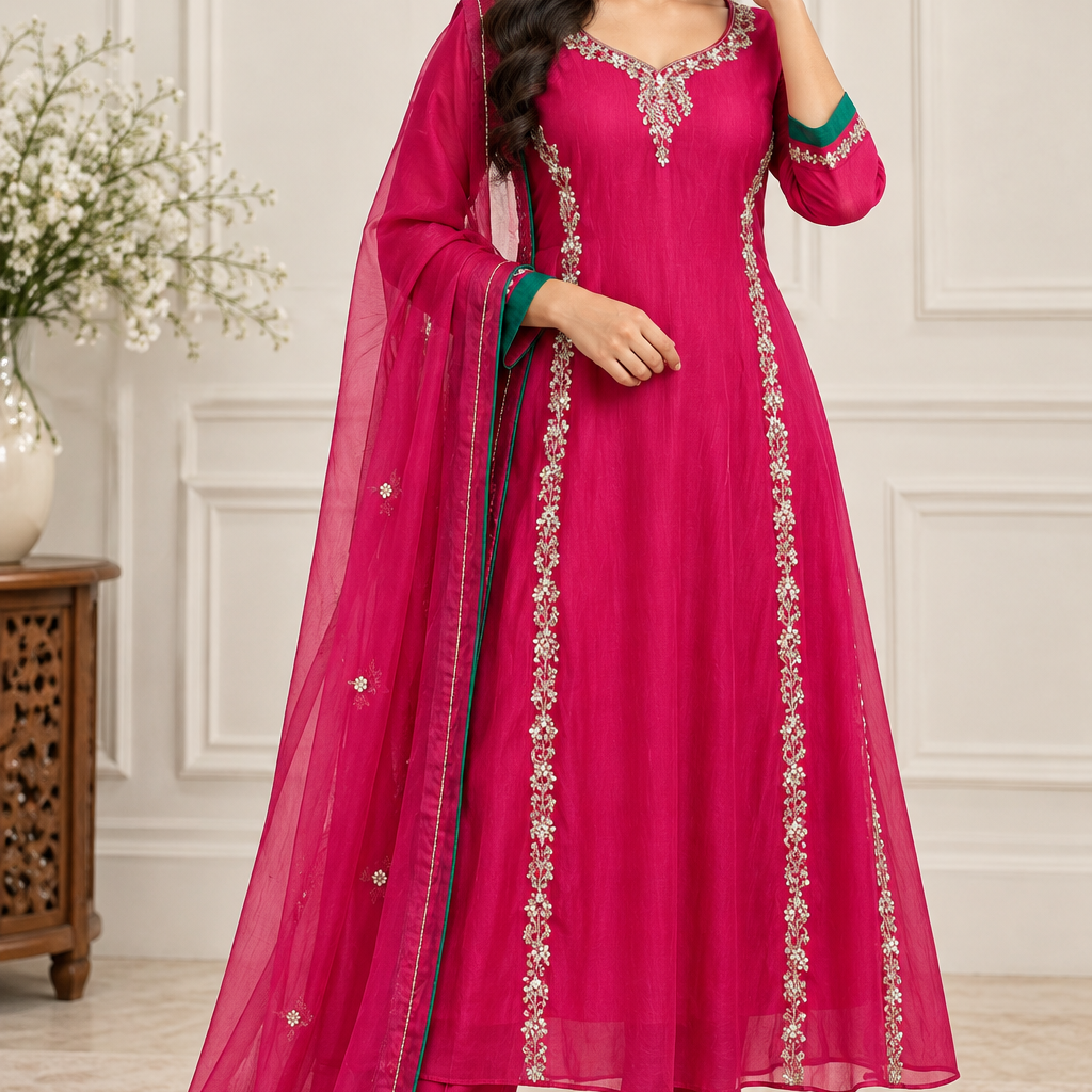 ✨”Maya - Premium Pink Mul Chanderi A-Line Kurta Sets
