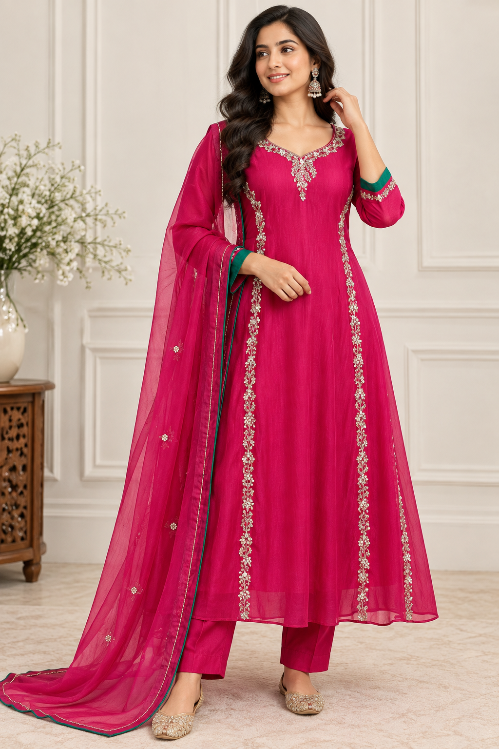 ✨”Maya - Premium Pink Mul Chanderi A-Line Kurta Sets