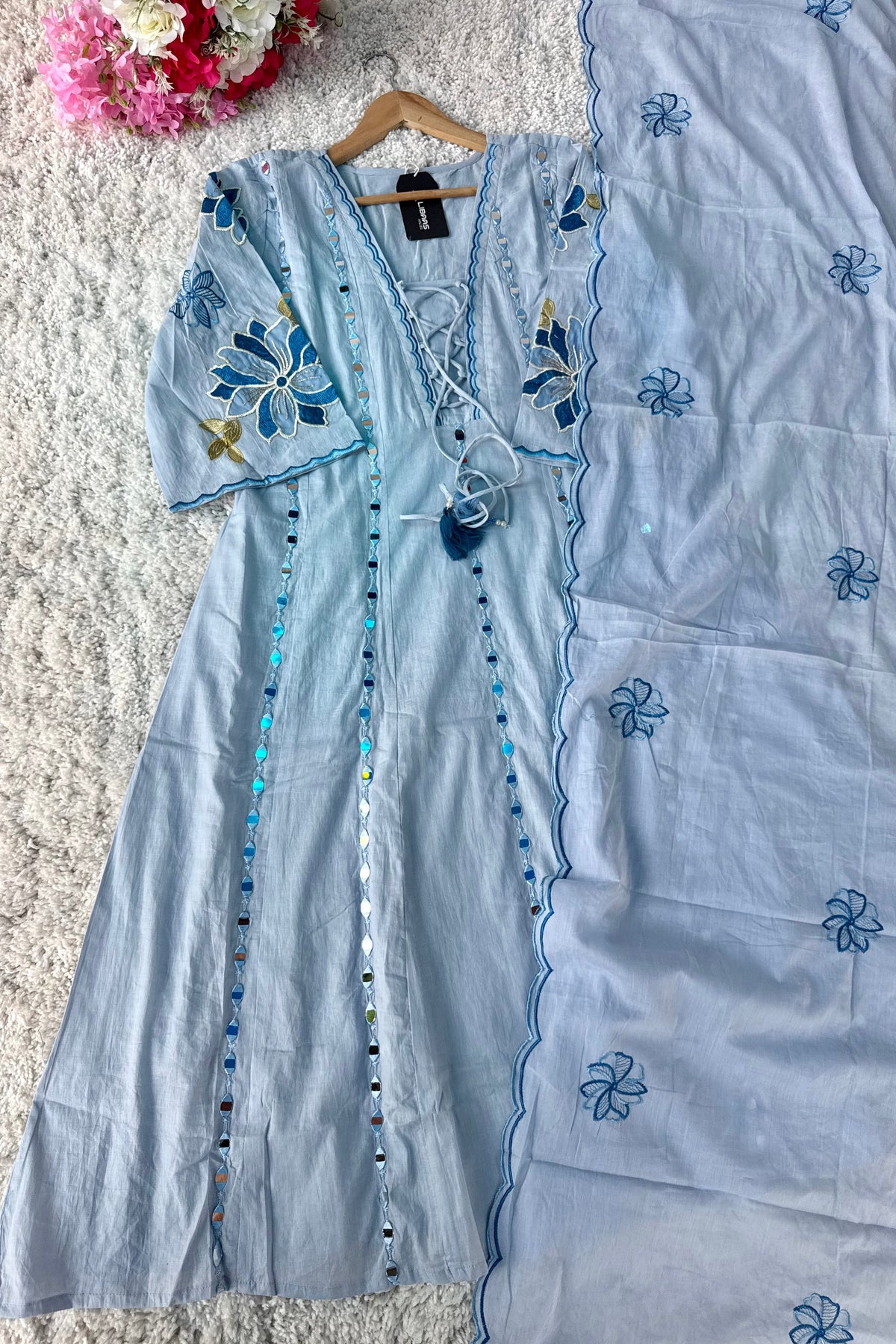 ✨AZ07 - Mirror work Powder Blue Cotton Anarkali Kurta set