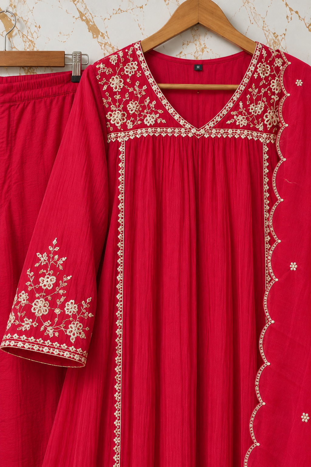 Roz- Premium Red Mul Chanderi A Line Kurta Set ✨