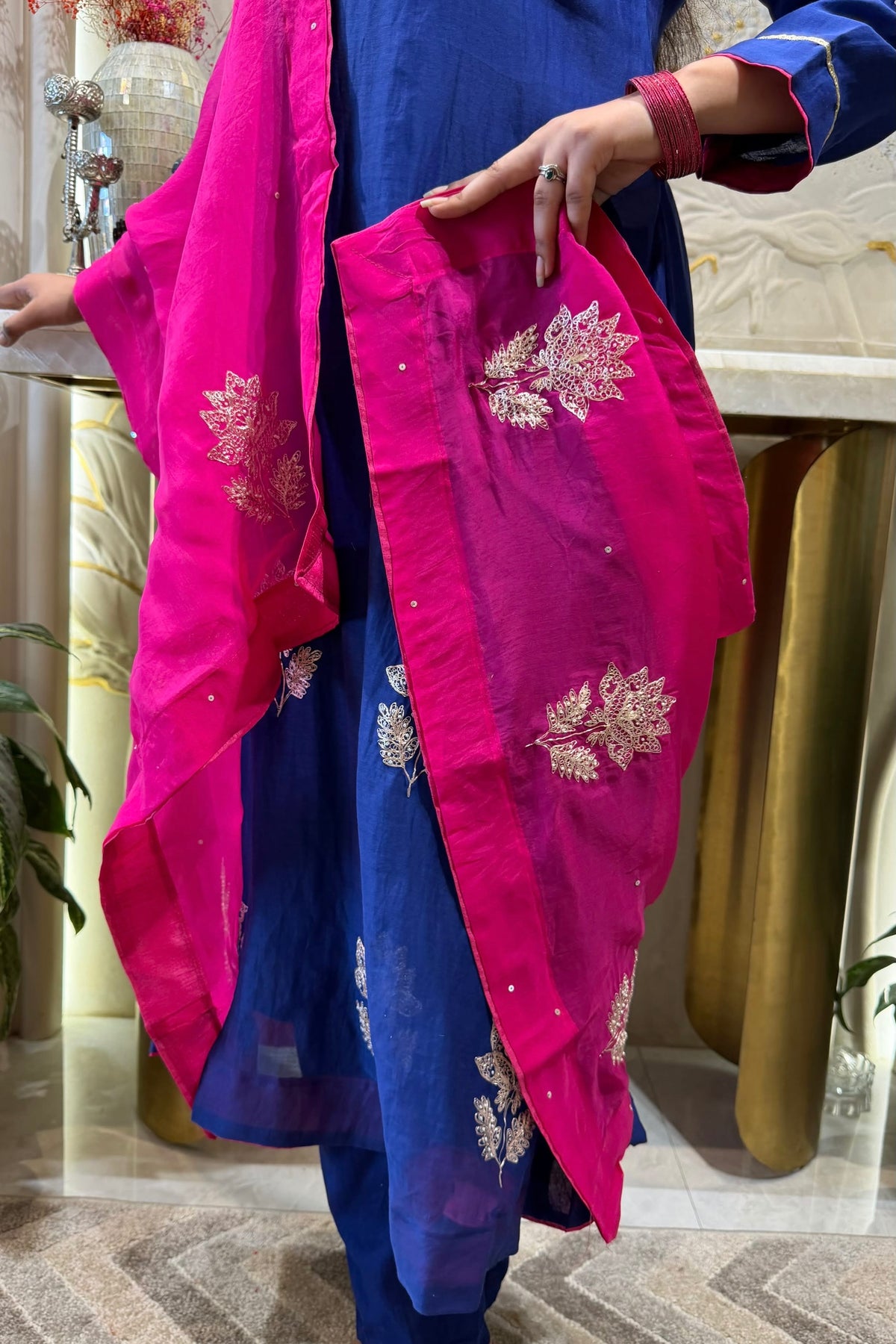 ✨Vedika - Blue Mul Chanderi A-Line Kurta set