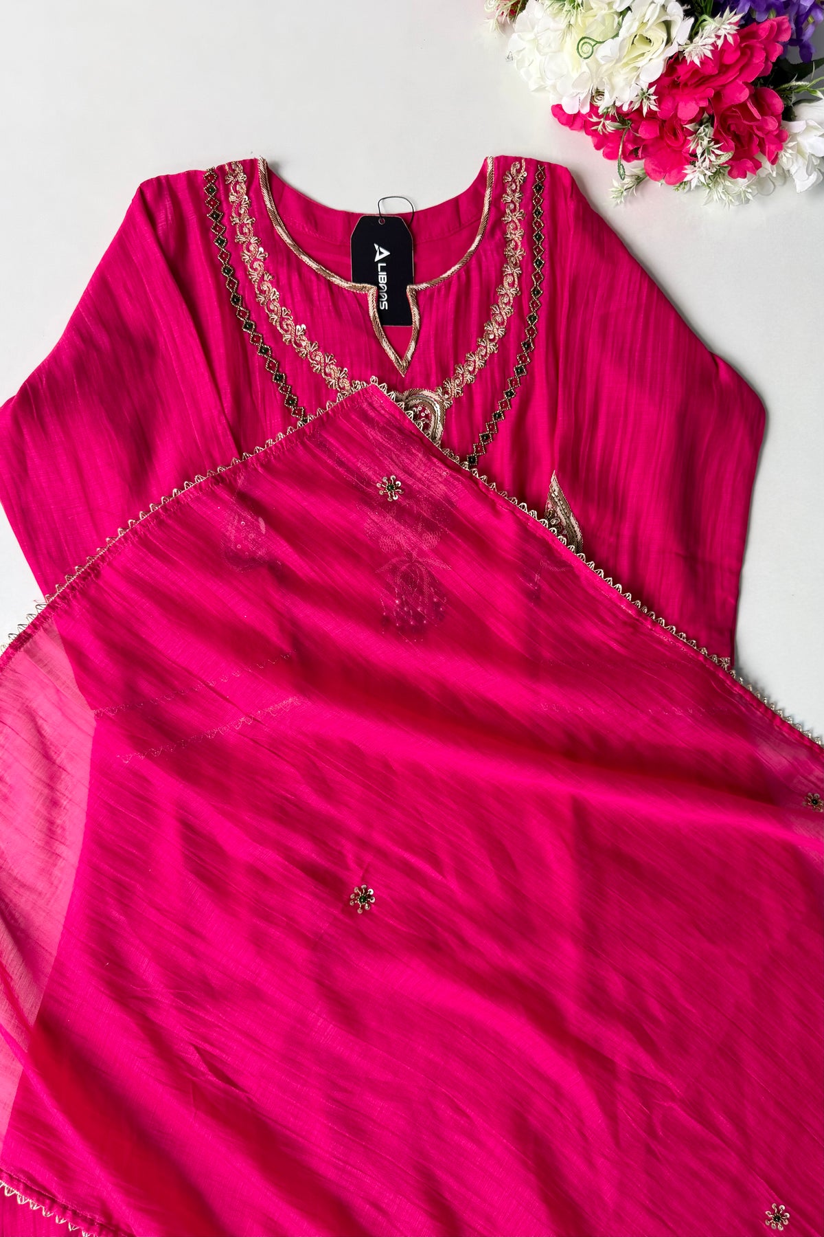 ✨”Falak - Premium Royal Pink Mul Chanderi A-Line Kurta Set