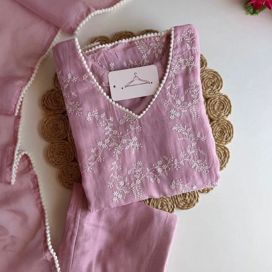 “Elina” Blossom Pink Crushed Chanderi A Line Suit set 🛍️