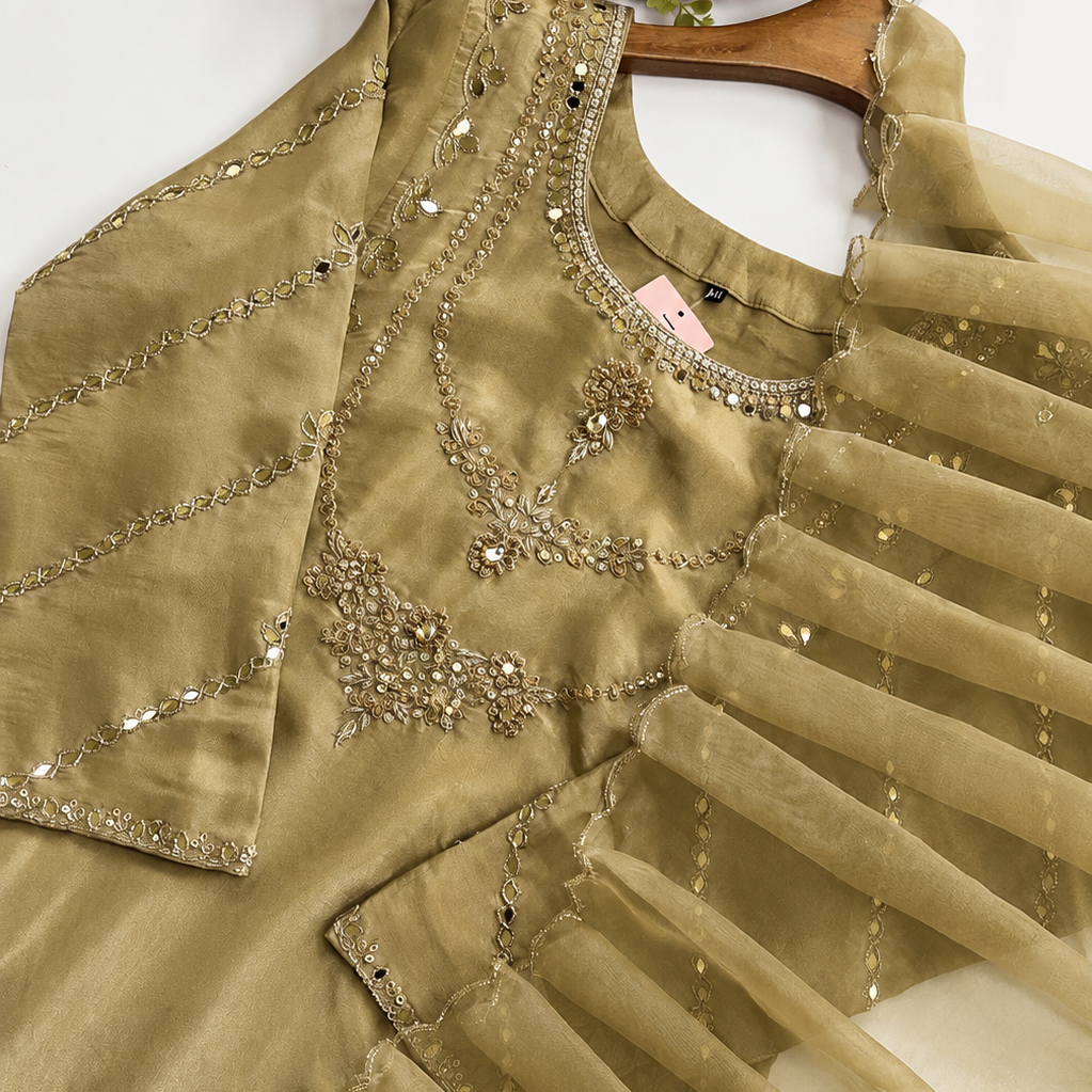 ✨Pearl – Premium Blush Antique Green Tissue A Line Kurta Set