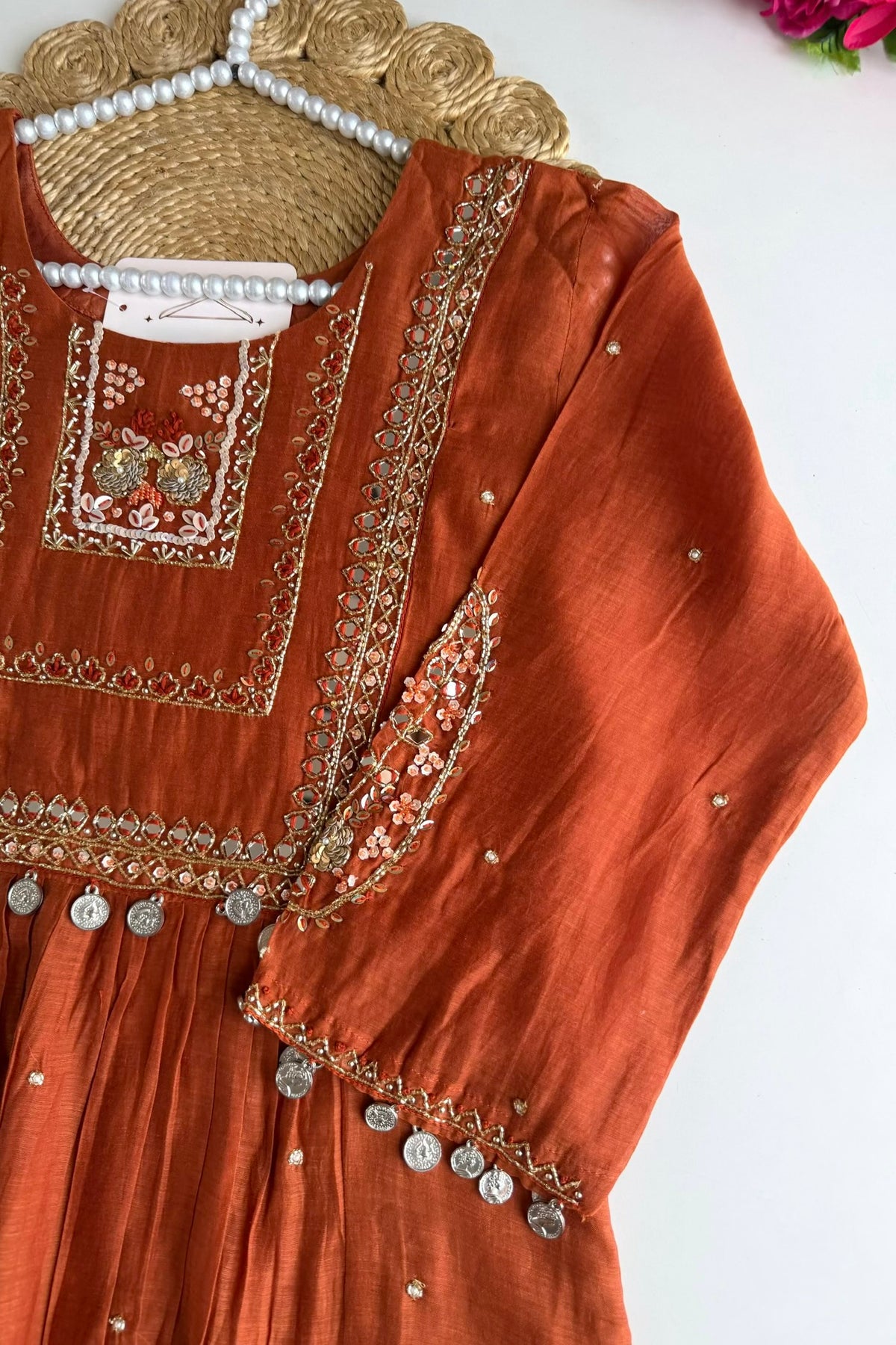 ✨”Noor - Premium Orange Mul Chanderi A-Line Kurta Set