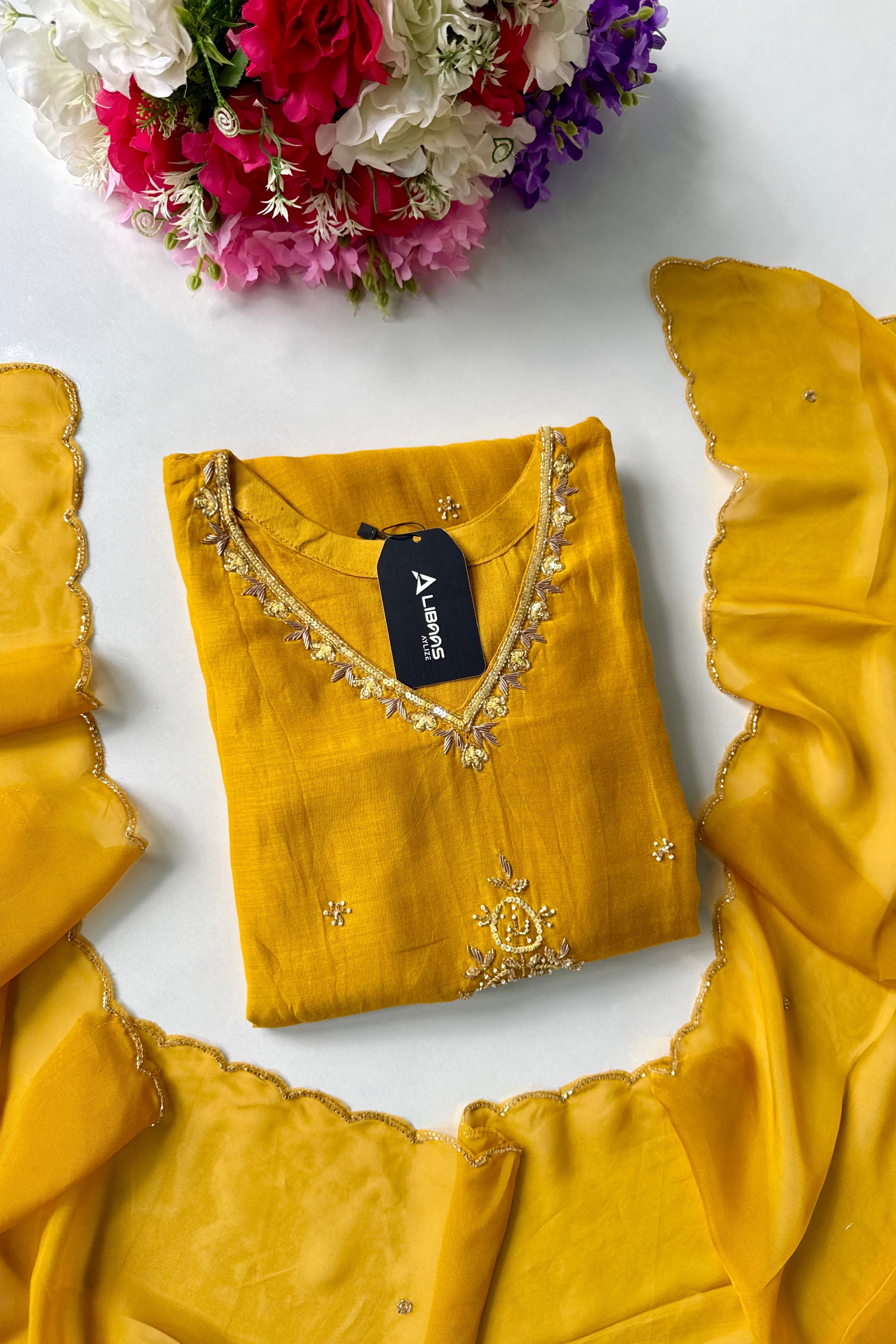✨”Zaria - Mustard Mul Chanderi A-Line Kurta Set