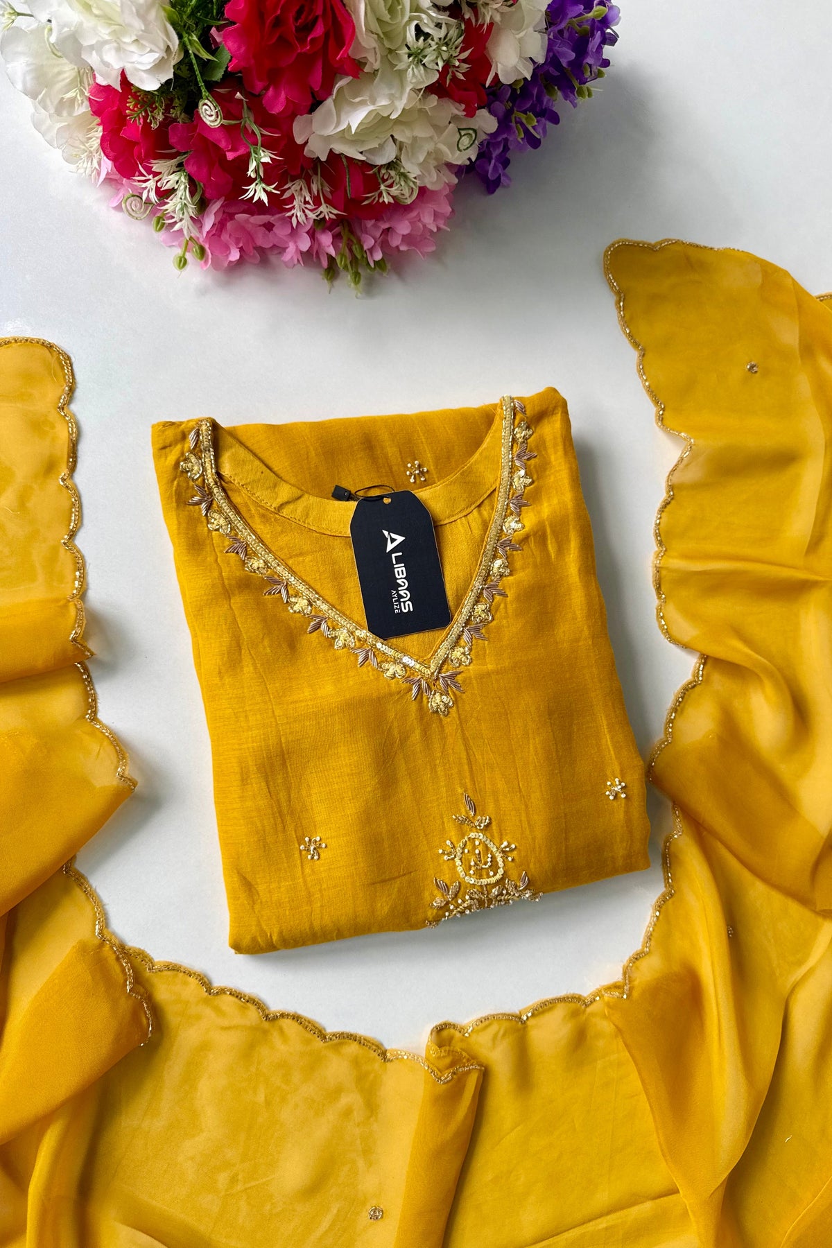✨”Zaria - Mustard Mul Chanderi A-Line Kurta Set