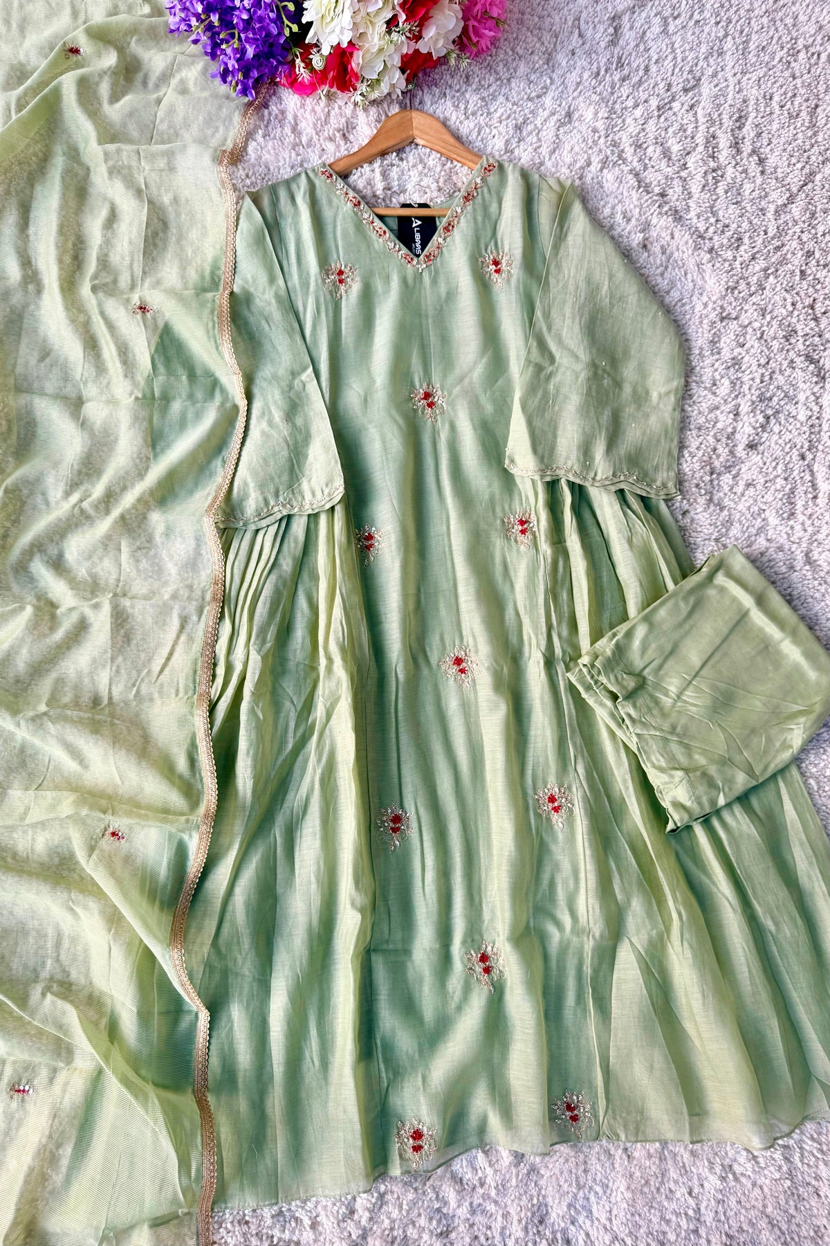✨Aabira – Premium Pista Green Mul Chanderi Anarkali kurti set
