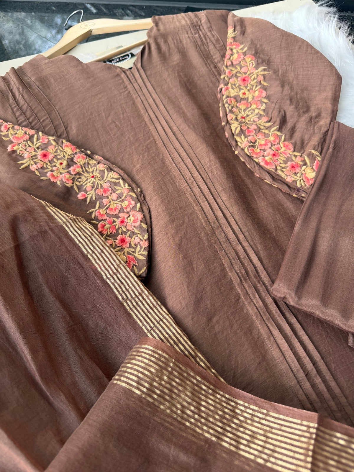 🛍️”Az021 – Premium Coffe Brown Mul Chanderi A Line Kurta Set