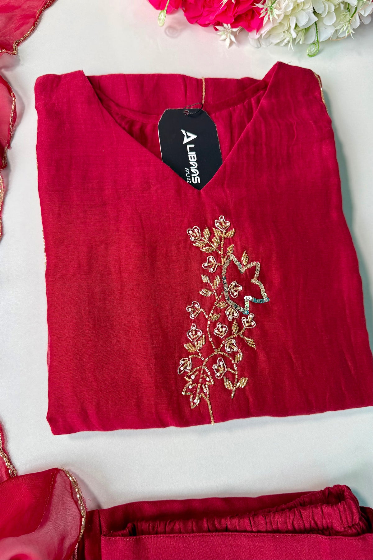 ✨”Rida - Premium Red Mul Chanderi A-Line Kurta Set