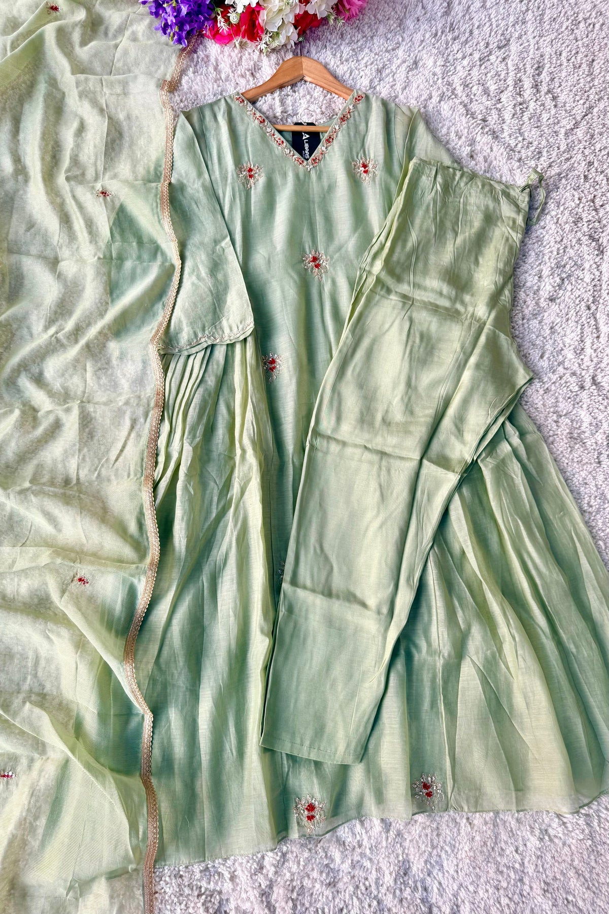 ✨Aabira – Premium Pista Green Mul Chanderi Anarkali kurti set