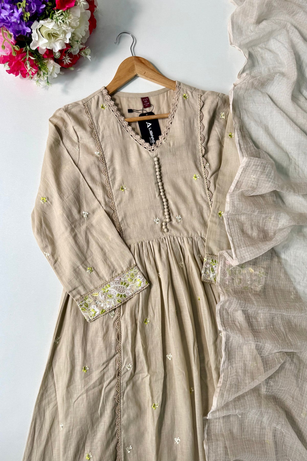 “Sana” Premium Sand Beige Cotton Embroidered Anarkali kurta set