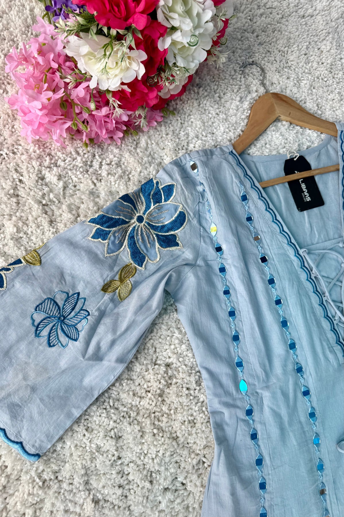 ✨AZ07 - Mirror work Powder Blue Cotton Anarkali Kurta set