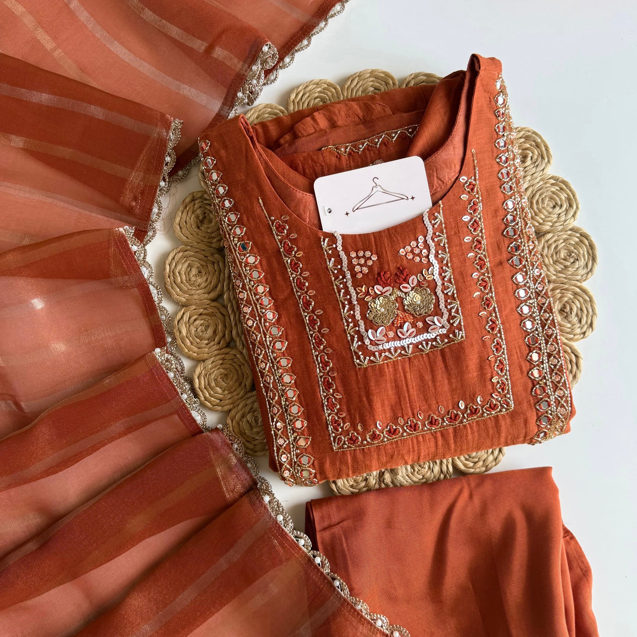 ✨”Noor - Premium Orange Mul Chanderi A-Line Kurta Set